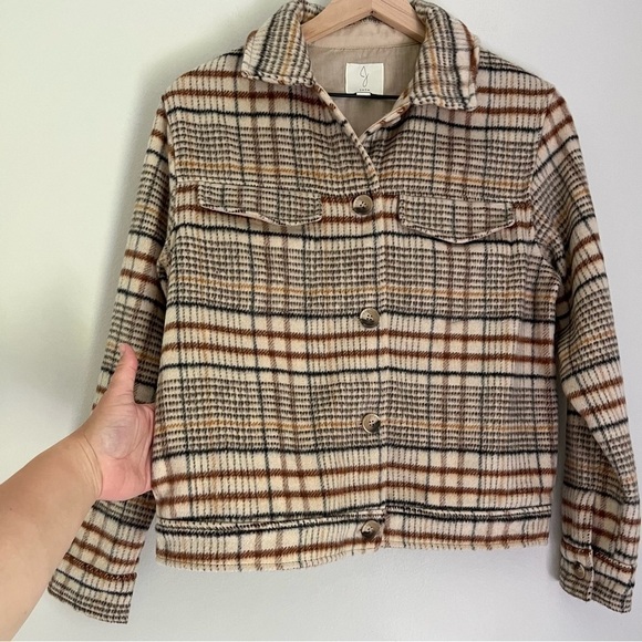 Joie Wool Women’s Button Front Pockets Plaid Jacket Shacket Tan Brown Size Small - Picture 4 of 9